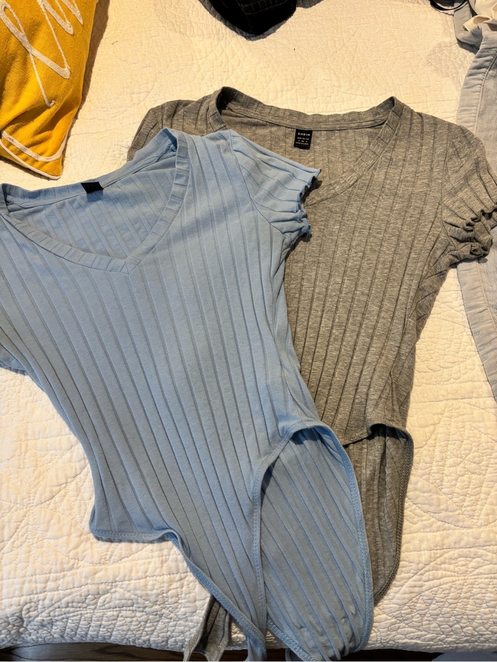 SHEIN Light Blue & Gray Ribbed V-Neck Tie-Hem Bodysuits